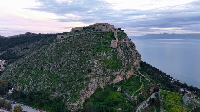 Aerial Revealing Palamidi Fortress and Nafplio City Old Town, Peloponnese, Greece