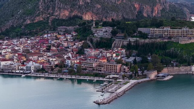 Aerial View Of Nafplio Old Town, Waterfront And Fortifications In Peloponnese, Greece
