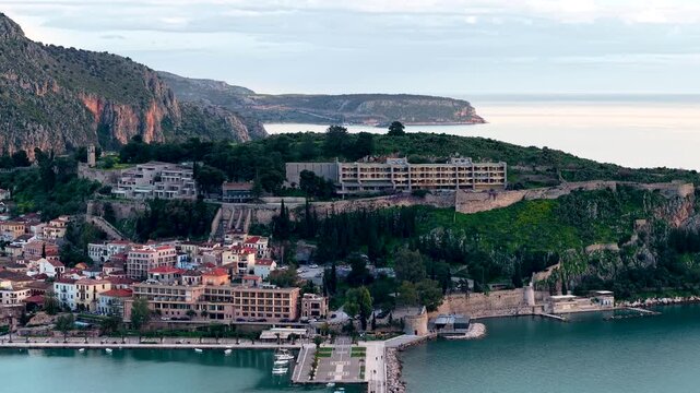 Aerial of Nafplio City, Acronauplia Fortress, Waterfront, Peloponnese, Greece