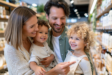 Obraz premium Warm family smiles in a well-lit store aisle. Mother and father hold two cheerful children. Young girl points with bright eyes at a product. Children laugh as parents share joyful moments