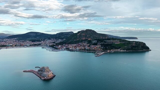 Aerial Panoramic of Nafplio City Waterfront, Peloponnese, Greece