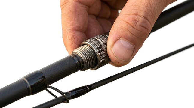Angler hands holding and twisting metallic reel seat on carbon rod component