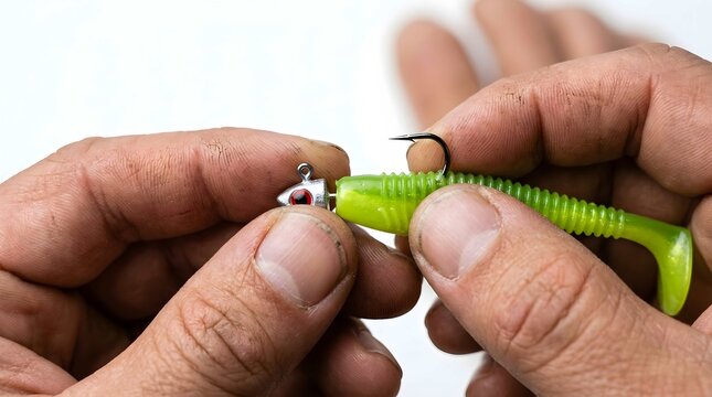 Angler hands holding artificial green bait and metal hook for catching fish