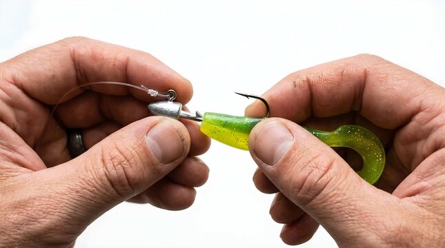 Angler hands rigging soft plastic bait and lead head hook for fishing