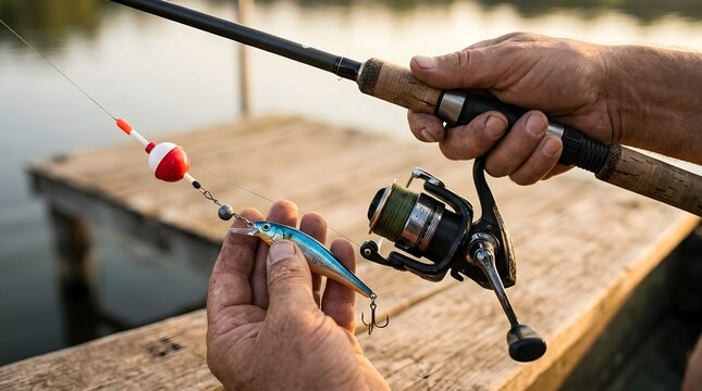 Angler holding a colorful lure and rod on a wooden pier at sunset