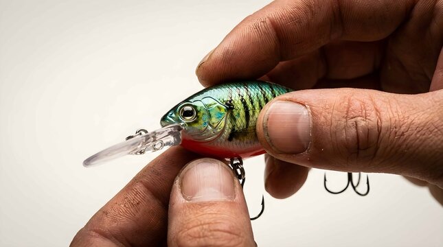 Angler holding colorful artificial fishing lure with treble hooks