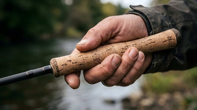 Angler holding cork handle of fishing rod near river stream