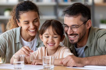 Obraz premium Happy family gathers around table, smiling together. Child looks delighted, surrounded by loving parents. Glasses and casual clothes show relaxed, joyful mood. Perfect for family bonding, education