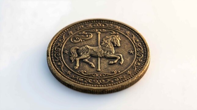 Antique brass token coin featuring an embossed carousel horse relief on white background