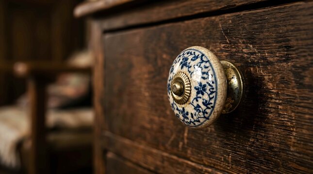 Antique wooden drawer with decorative ceramic knob and floral pattern