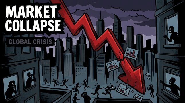 Market crash showing a giant red downward arrow plunging through a city skyline while panicked people run below.