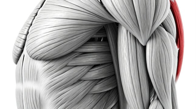 Detailed anterior view of human torso muscular system, shoulder and arm muscles. Highlights trapezius deltoid and bicpic muscles, with one highlighted in red. Scientific and medical illustration.