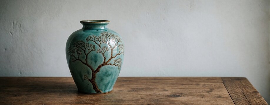 Teal ceramic vase with brown tree branch pattern sits on rustic wooden table. Hand made pottery decor features organic nature design. Minimalist still life object on timber surface against plain