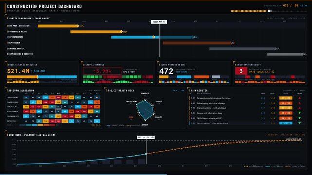 Detailed construction project dashboard showcasing progress, costs, resources, safety metrics, and project risks with vibrant color-coded visual elements and Gantt chart layout.