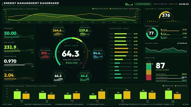 Explore an advanced energy management dashboard showcasing real-time consumption, production, grid performance, and sustainability metrics with vibrant visual elements and animations.