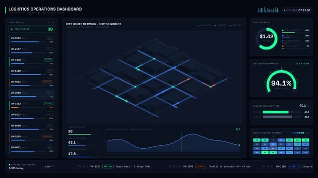 A modern logistics operations dashboard showcasing fleet activity, delivery times, and costs with a dark city grid map, animated vehicles, and vibrant metrics panels.