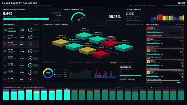 Explore a comprehensive smart factory dashboard showcasing machine health, production KPIs, quality metrics, and predictive maintenance insights for optimized manufacturing performance.