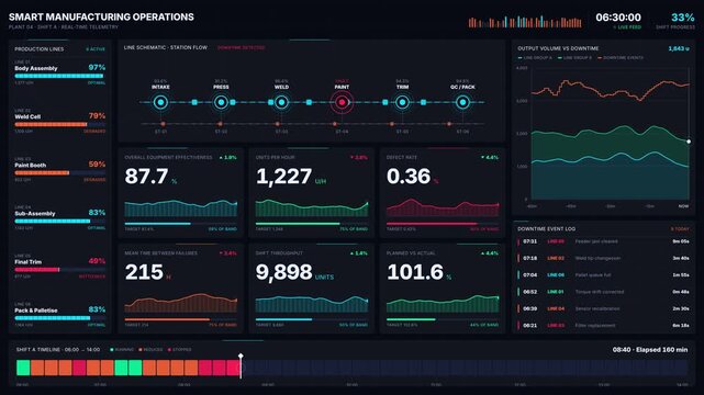 Explore a dark-mode smart manufacturing dashboard showcasing production lines, quality metrics, efficiency indicators, and downtime alerts with vibrant color accents and detailed analytics.
