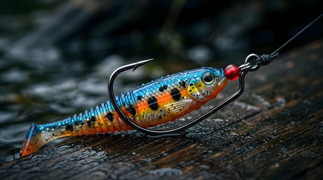 Artificial fish lure with sharp metal hook resting on wet wooden pier