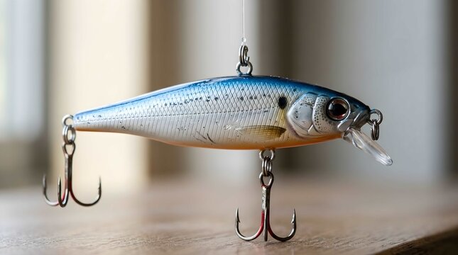 Artificial fishing lure with sharp metal hooks hanging on thin line indoors