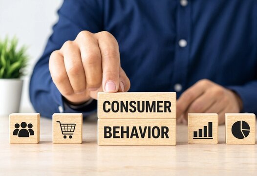 Person demonstrating consumer behavior analysis with wooden blocks showing shopping trends and statistics