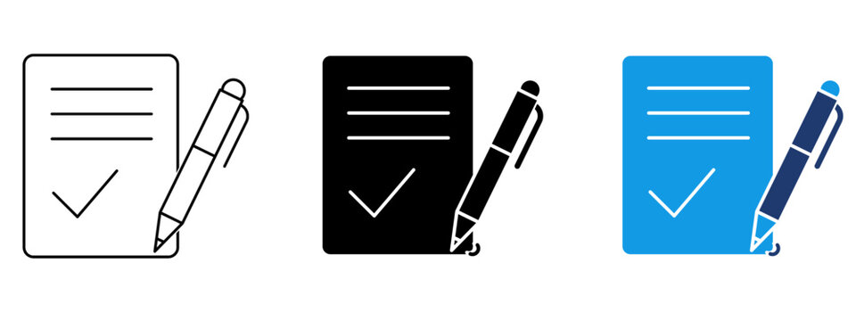 Document pen icon with signed contract paper and checkmark tick symbol. Concept of legal agreement, electronic signature, verified document, task completion, approved contract, form filling, and polic