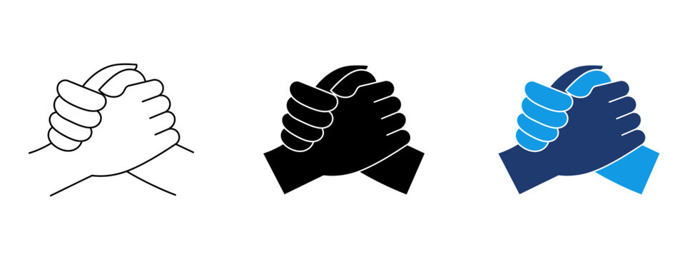 Clasped hands icon with wrist grip handshake symbol. Concept of team unity, strong partnership, business agreement, solidarity, friendship, support, cooperation, and mutual assistance.