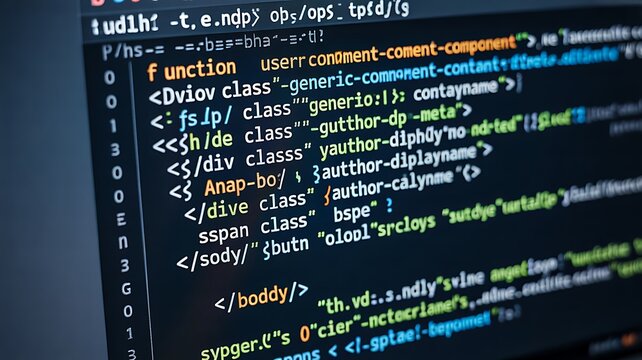 Web development source code displayed on computer screen, HTML programming and software development technology concept