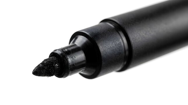 Black marker pen close up tip macro shot on white background