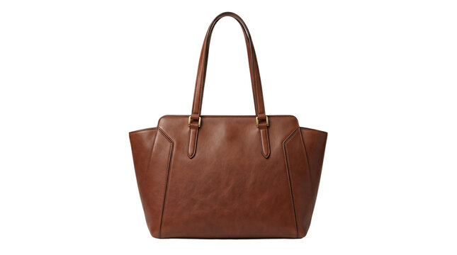 Classic brown leather tote bag, elegant female shoulder handbag with handles, stylish tan leather purse for professional fashion isolated PNG with Transparent Background