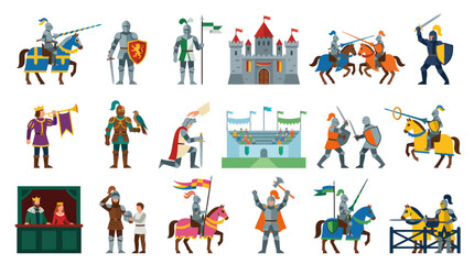 Fototapeta premium Medieval Knights Battle Tournament Castle Royalty Flat Vector Set