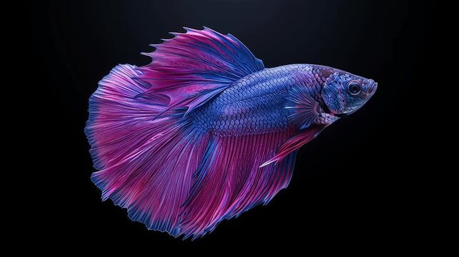 Elegant purple and pink betta fish swimming gracefully in dark water isolated on black background macro
