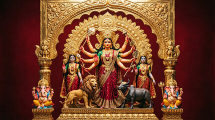 Fototapeta premium Golden idols of goddess durga with family ganesha and lakshmi on traditional ornamental pedestal.