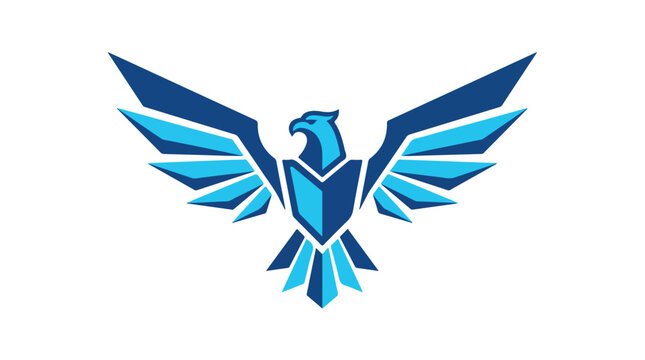 Eagle emblem created as a modern geometric blue bird illustration isolated on a clean white background.