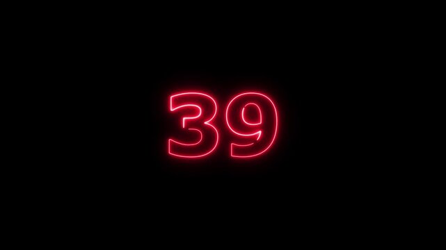 Abstract beautiful red neon business counting number 39 icon conceptual background 4k animation.