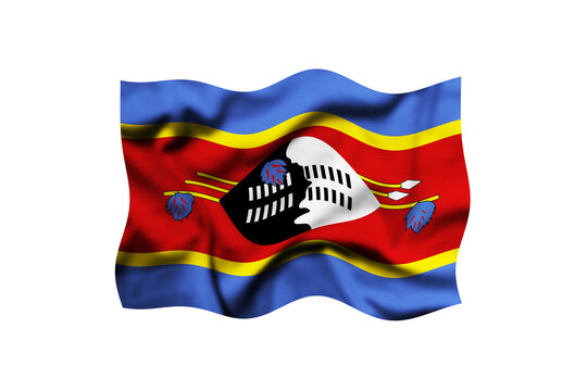 Waving Flag of Eswatini Isolated on White Background - Wavy Swazi National Banner with Shield and Spears