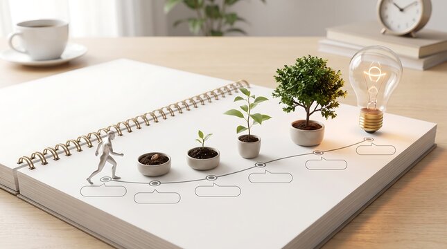 Business Growth Development Timeline Concept With Plant Stages And Innovation Lightbulb