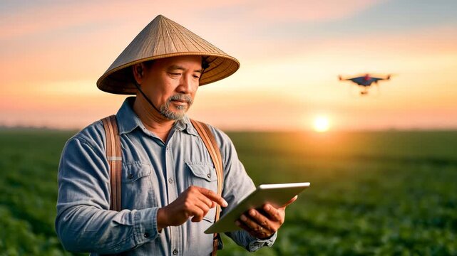 Farmer Checking Crop Conditions on Tablet in Rice Field