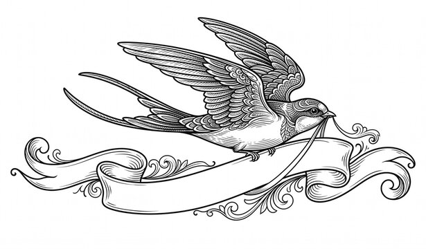 Vintage Swallow Bird with Ribbon Banner Elegant Wedding Invitation Vector