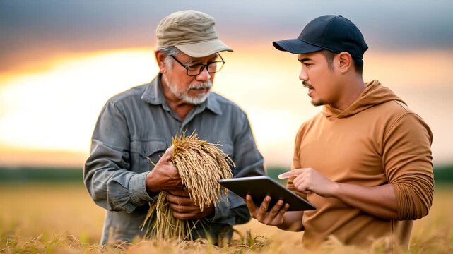 Parent and Child Studying Agricultural Technology in Rice Field