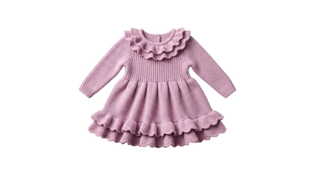 Cute baby girl knitted dress in soft pink color with ruffled collar and double layered skirt isolated on transparent background