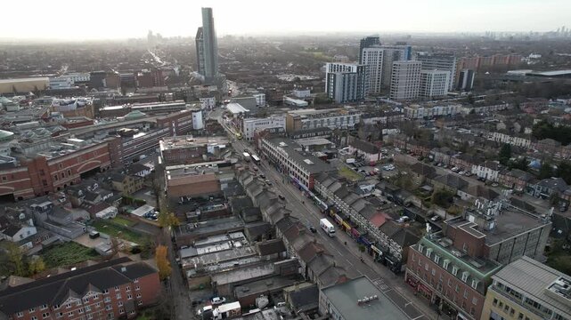 Ilford town centre high street East London UK drone aerial view