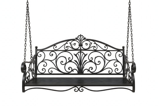 Ultra Realistic Ornamental Wrought Iron Hanging Jhula Bench Isolated on Transparent Background Garden Decor PNG