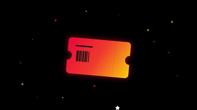 A vibrant orange and yellow gradient ticket icon floating against a dark background with scattered colorful particles