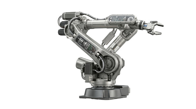 Industrial robotic arm for automated manufacturing, heavy duty mechanical robot manipulator, silver metallic factory automation equipment isolated PNG with Transparent Background