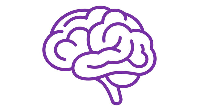 Purple brain icon on white background, human brain line art illustration, minimalist mental health and neurology symbol