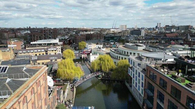 Camden Lock Bridge London UK drone aerial view birds eye view