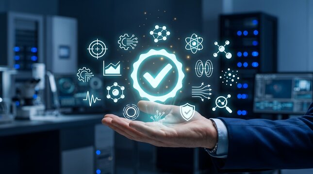 Professional hand holding digital quality assurance checkmark icon