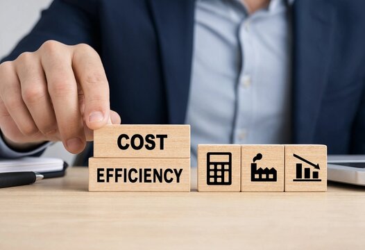 Professional pointing at cost efficiency blocks with financial and industrial icons on wooden desk