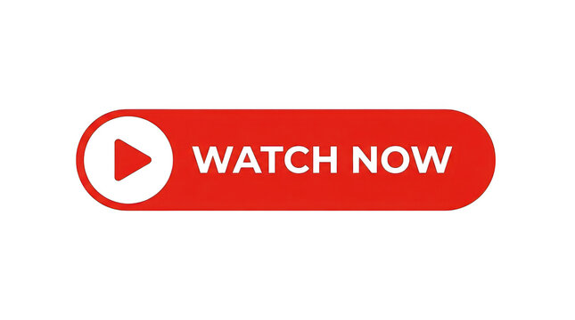 Red button with play icon and white text watch now isolated on transparent background